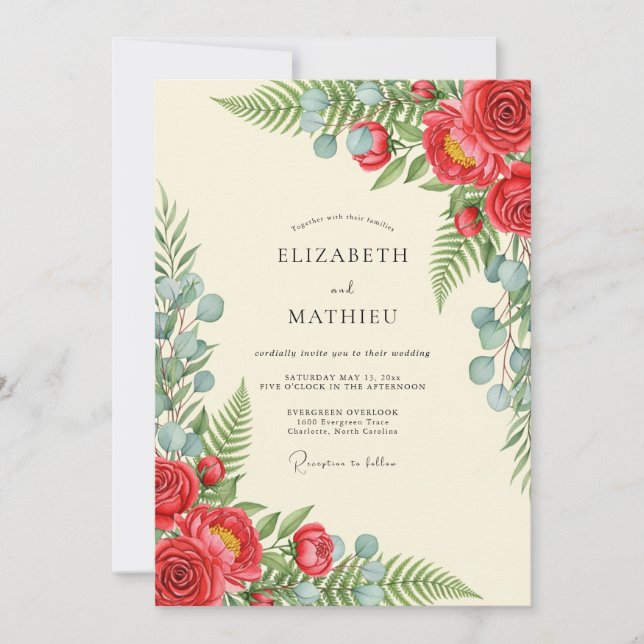 Invitation Mariage botanique panoramique écarlate (Devant)