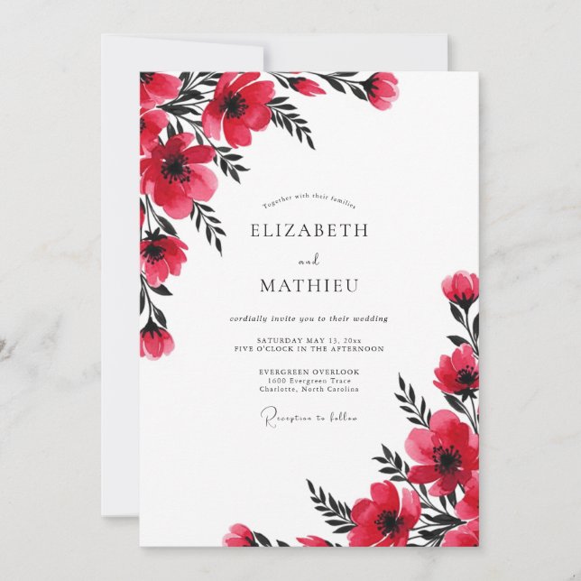 Invitation Mariage Botanique Pictural Rouge (Devant)