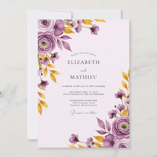 Invitation Mariage botanique pittoresque en or violet (Devant)