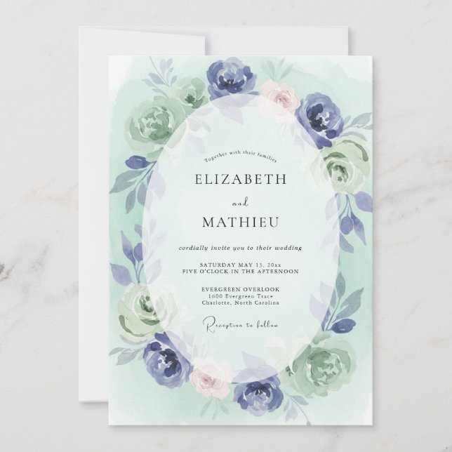 Invitation Mariage Botanique Pittoresque Navy (Devant)