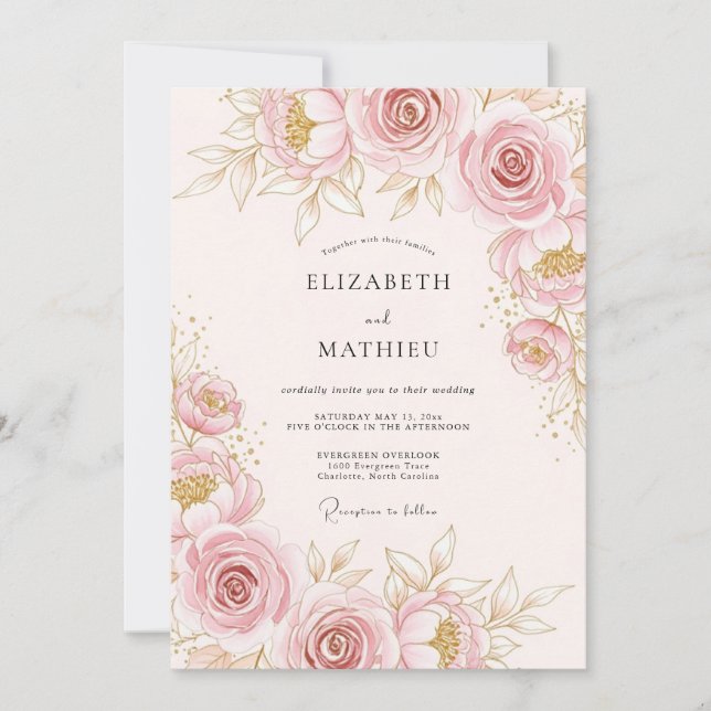 Invitation Mariage Botanique Pittoresque Rose Clair (Devant)
