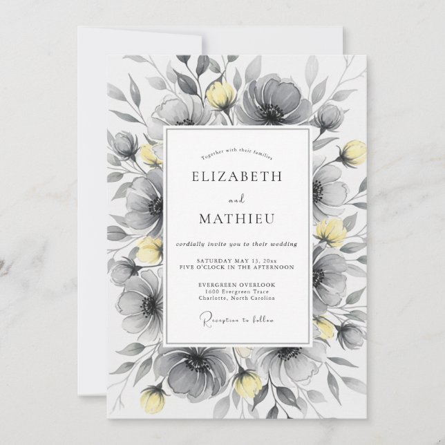 Invitation Mariage Botanique Poli Gris Charbon Jaune (Devant)