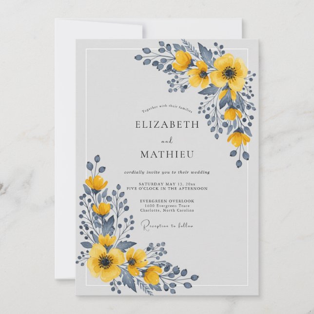 Invitation Mariage Botanique Poli Jaune (Devant)