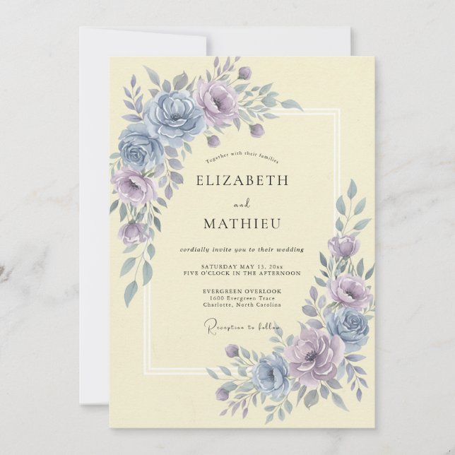 Invitation Mariage Botanique Poussière de Lavande Bleu (Devant)