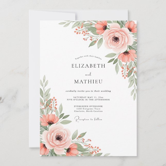 Invitation Mariage botanique printanier aéré aux pêches (Devant)