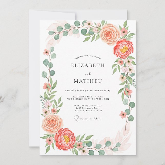Invitation Mariage botanique printanier corail luxuriant (Devant)