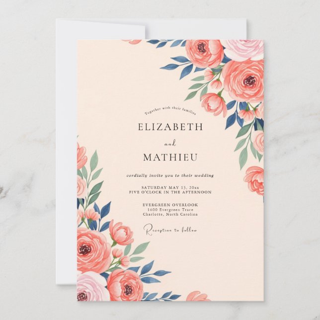Invitation Mariage Botanique Printanier Indigo et Pêche (Devant)