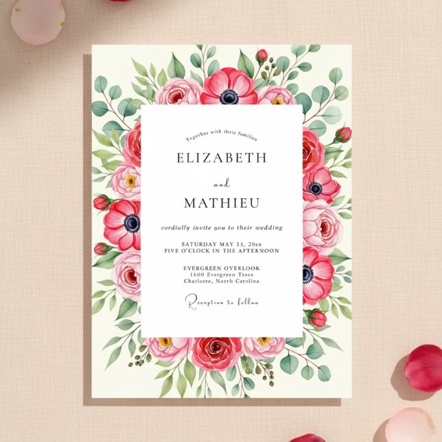 Invitation Mariage botanique printanier rose rouge (Créateur téléchargé)