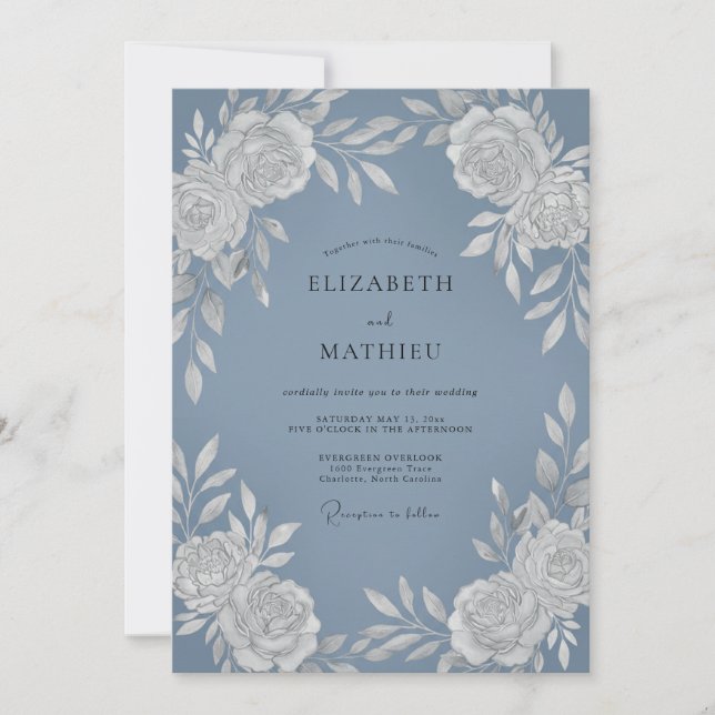 Invitation Mariage Botanique Radieux Bleu Ardoise (Devant)