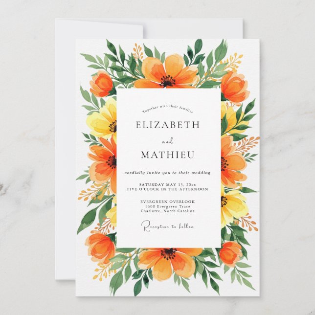 Invitation Mariage Botanique Radieux Orange (Devant)