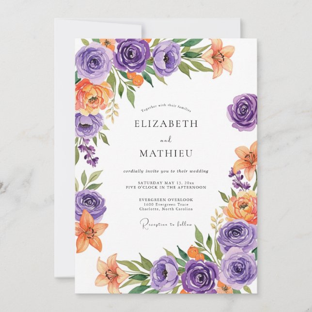 Invitation Mariage Botanique Radieux Orange Violet (Devant)
