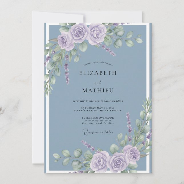 Invitation Mariage Botanique Raffiné Bleu Ardoise (Devant)