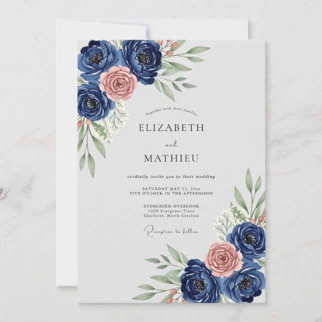 Invitation Mariage Botanique Raffiné Bleu Marine (Devant)