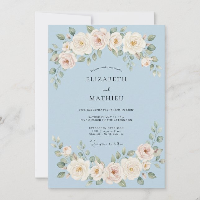 Invitation Mariage Botanique Raffiné Bleu Poudre (Devant)