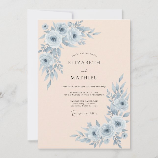 Invitation Mariage Botanique Raffiné Bleu Poussiéreux (Devant)