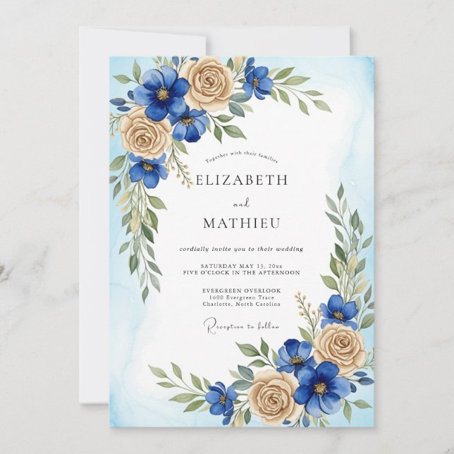 Invitation Mariage Botanique Raffiné Bleu Royal (Devant)
