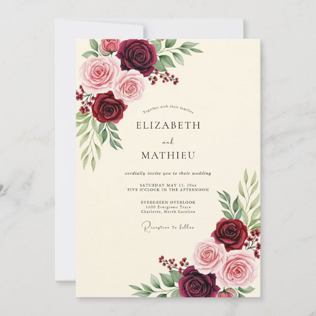Invitation Mariage Botanique Raffiné Bourgogne (Devant)