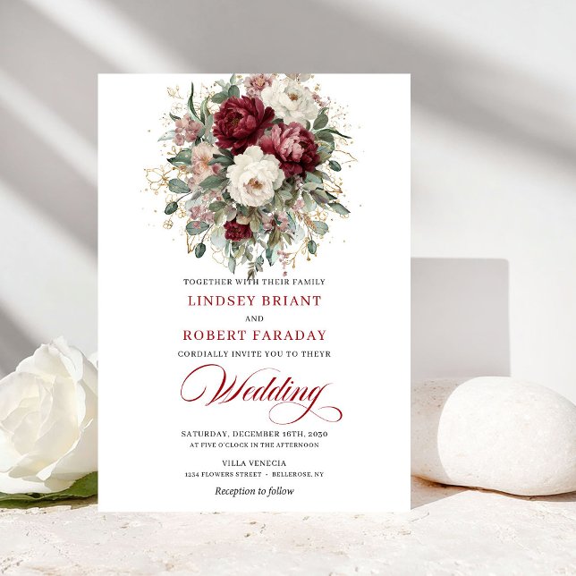 Invitation Mariage botanique raffiné en blanc de Bourgogne  (Sophisticated Burgundy White Botanical Wedding Invitation)