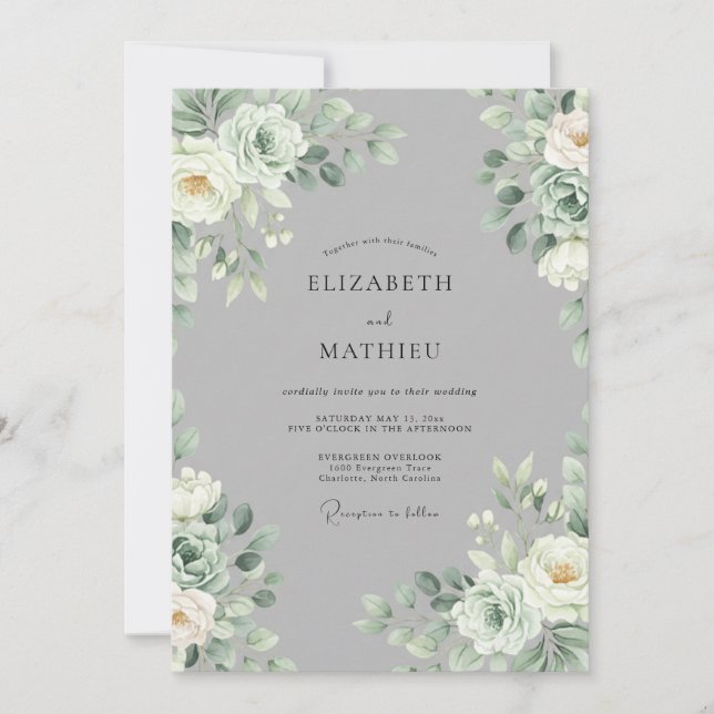 Invitation Mariage Botanique Raffiné Gris Argent (Devant)