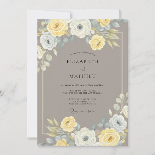 Invitation Mariage Botanique Raffiné Jaune (Devant)