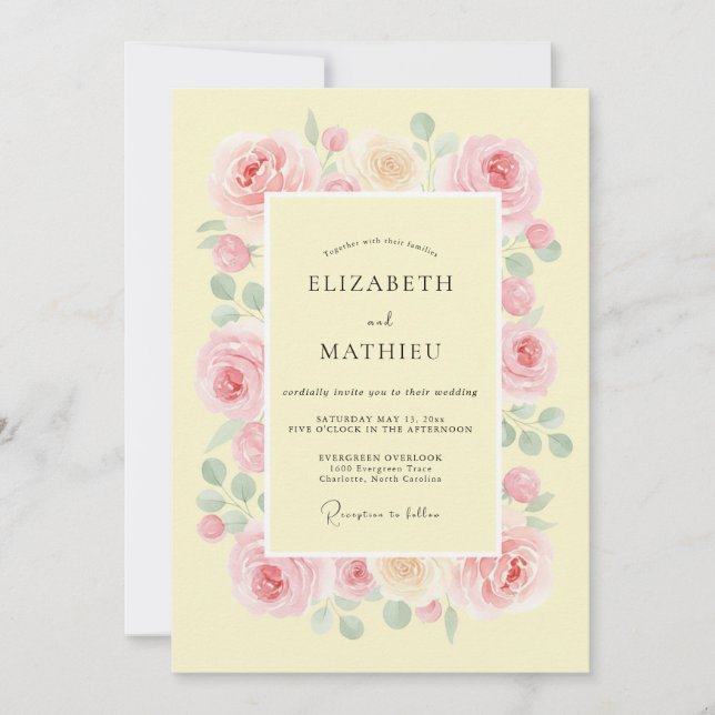 Invitation Mariage Botanique Raffiné Jaune Pâle (Devant)