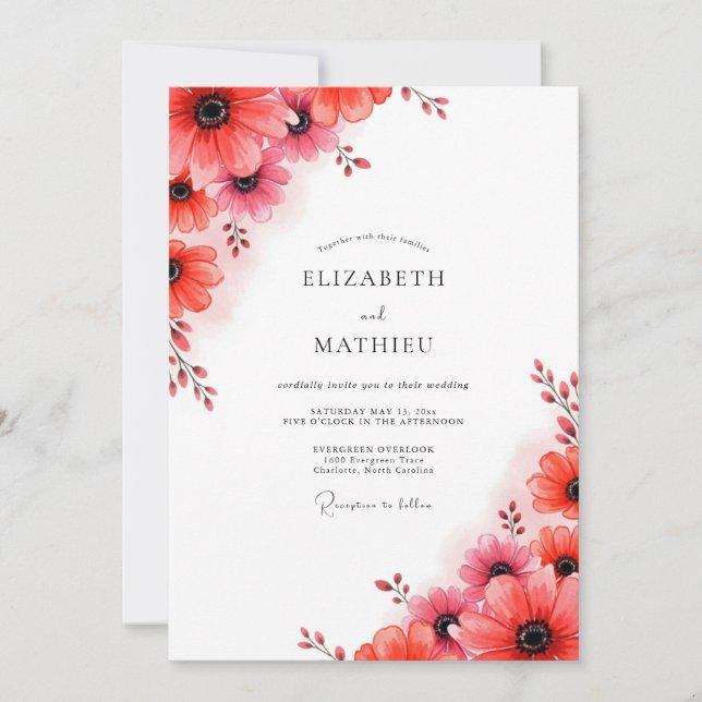 Invitation Mariage Botanique Raffiné Rouge Corail (Devant)