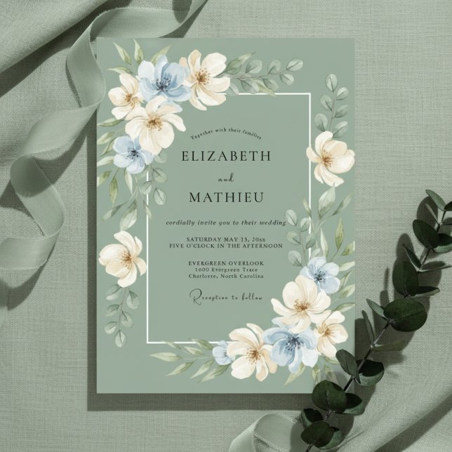 Invitation Mariage Botanique Raffiné Vert Sauge (Créateur téléchargé)