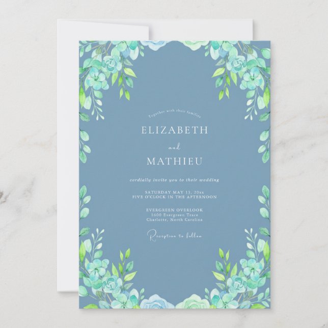 Invitation Mariage Botanique Rajeunissant Bleu Ardoise (Devant)