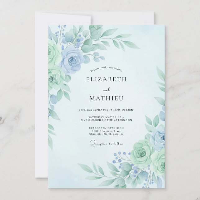 Invitation Mariage Botanique Rajeunissant Menthe Sarcelle (Devant)