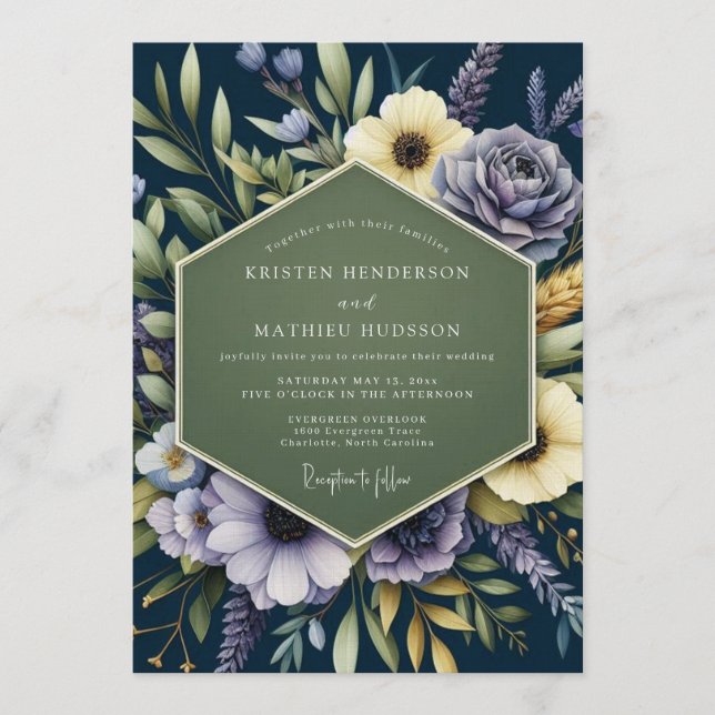 Invitation Mariage botanique régale bleu marine (Devant)
