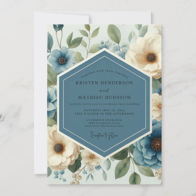 Invitation Mariage Botanique Resplendissant Bleu Ardoise (Devant)