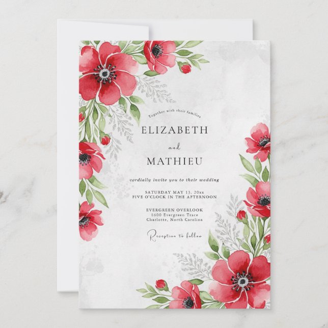 Invitation Mariage Botanique Resplendissant Rouge (Devant)