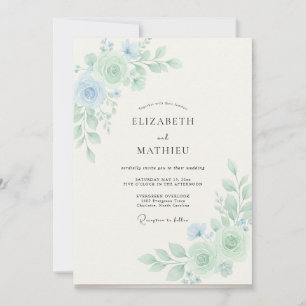 Invitation Mariage Botanique Rêveur Bleu Poudreux
