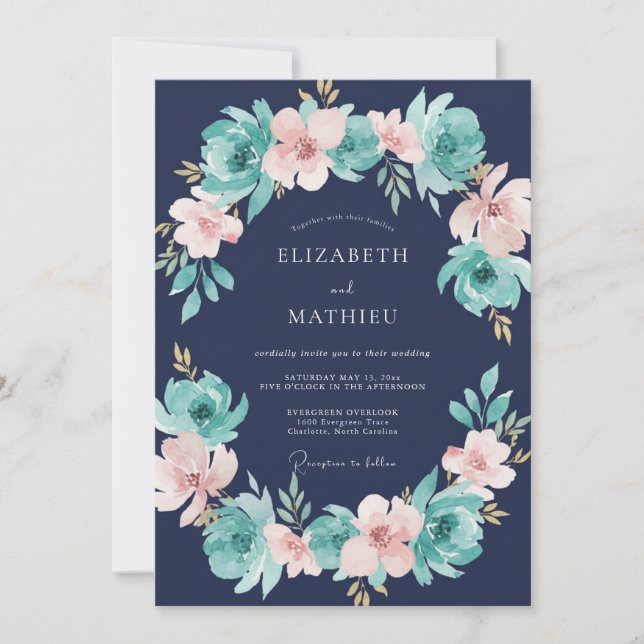 Invitation Mariage Botanique Riche Bleu Marine (Devant)
