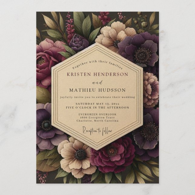 Invitation Mariage Botanique Riche de Prune (Devant)