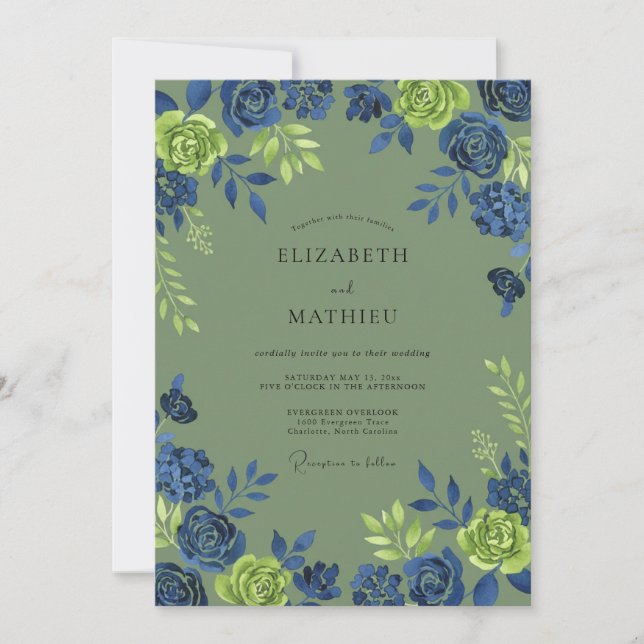 Invitation Mariage Botanique Riche Vert Sauge (Devant)