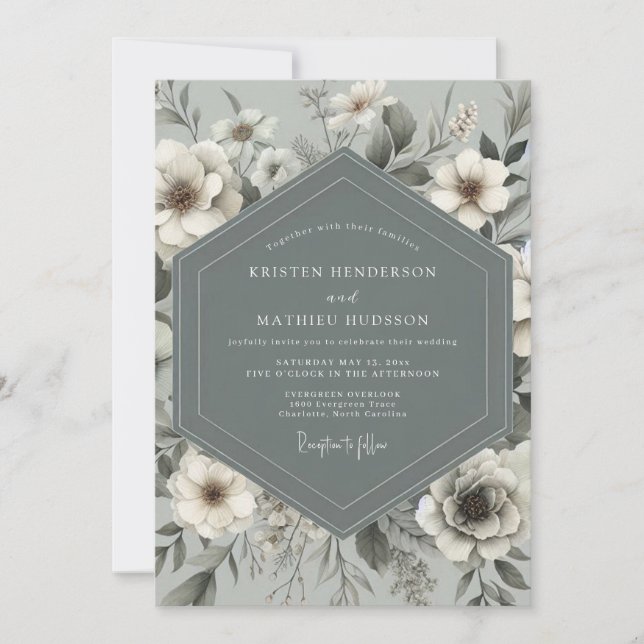 Invitation Mariage Botanique Romance Bleu Ardoise (Devant)