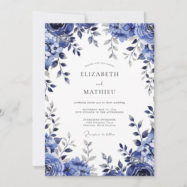 Invitation Mariage Botanique Romance Bleu Profond (Devant)