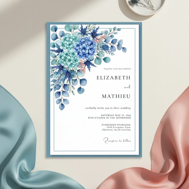 Invitation Mariage Botanique Romance Bleu Royal (Créateur téléchargé)