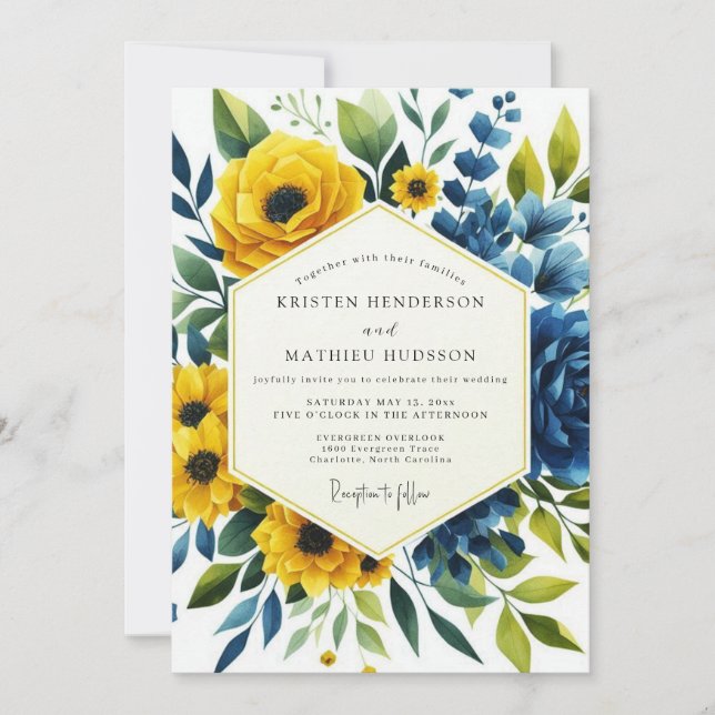 Invitation Mariage Botanique Romance Jaune Bleu (Devant)