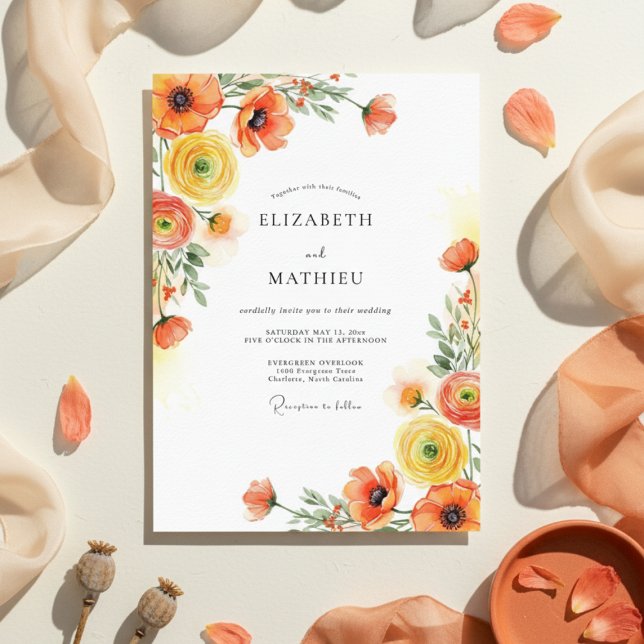 Invitation Mariage Botanique Romance Jaune Orange (Créateur téléchargé)