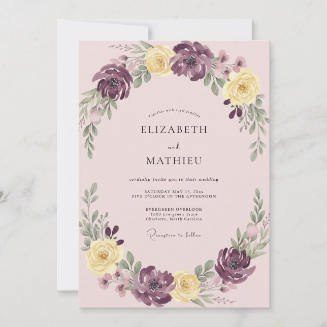 Invitation Mariage Botanique Romance Jaune Prune (Devant)
