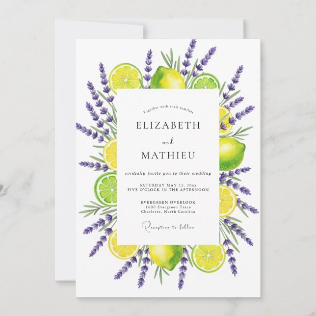 Invitation Mariage Botanique Romance Lavande Jaune (Devant)