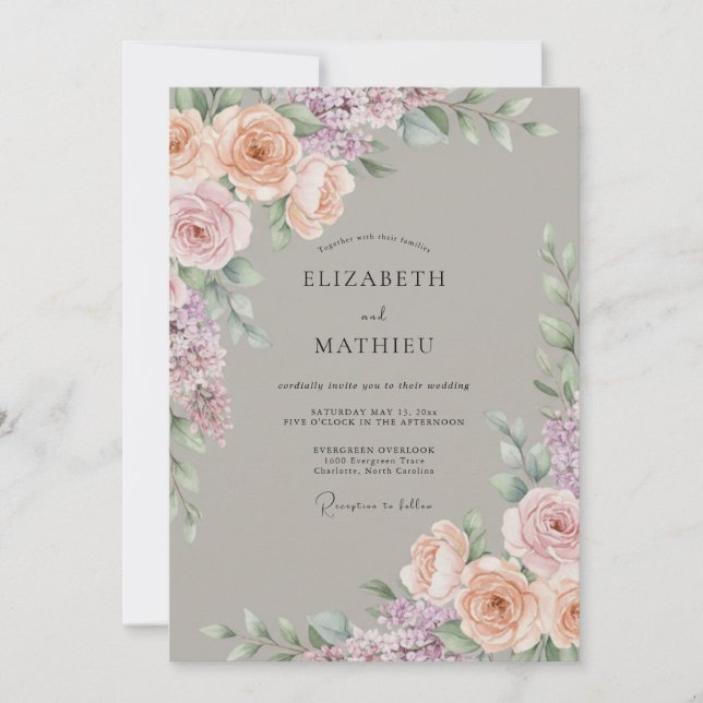 Invitation Mariage Botanique Romance Lilas Pêche (Devant)