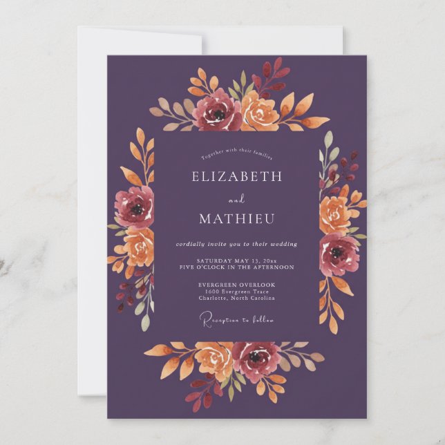 Invitation Mariage Botanique Romance Prune (Devant)