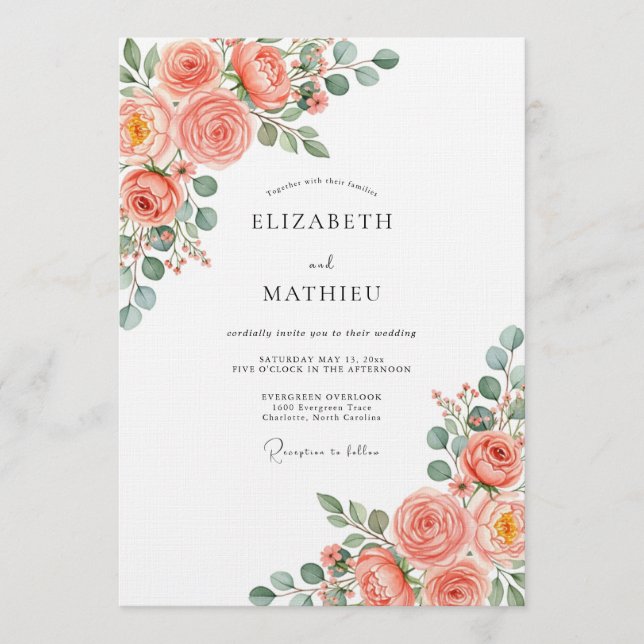 Invitation Mariage Botanique Romance Rose Corail (Devant)