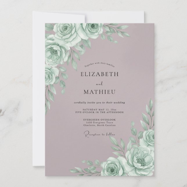 Invitation Mariage Botanique Romance Rose Menthe (Devant)