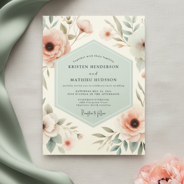 Invitation Mariage Botanique Romance Teintée de Rose Pâle (Créateur téléchargé)