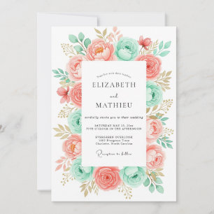 Invitation Mariage Botanique Romantique à la Menthe Corail