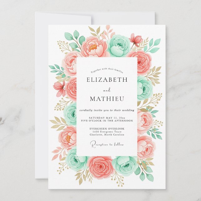 Invitation Mariage Botanique Romantique à la Menthe Corail (Devant)